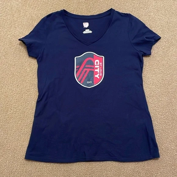 MLS Tee- Short Sleeve Womens Medium Blue Red White Saint Louis City SC VNeck Top - Picture 1 of 4